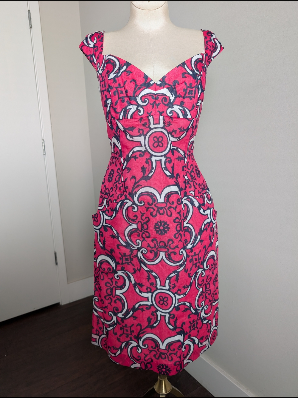 Milly of New York Pink and White Printed Sweetheart Midi Dress Size 8